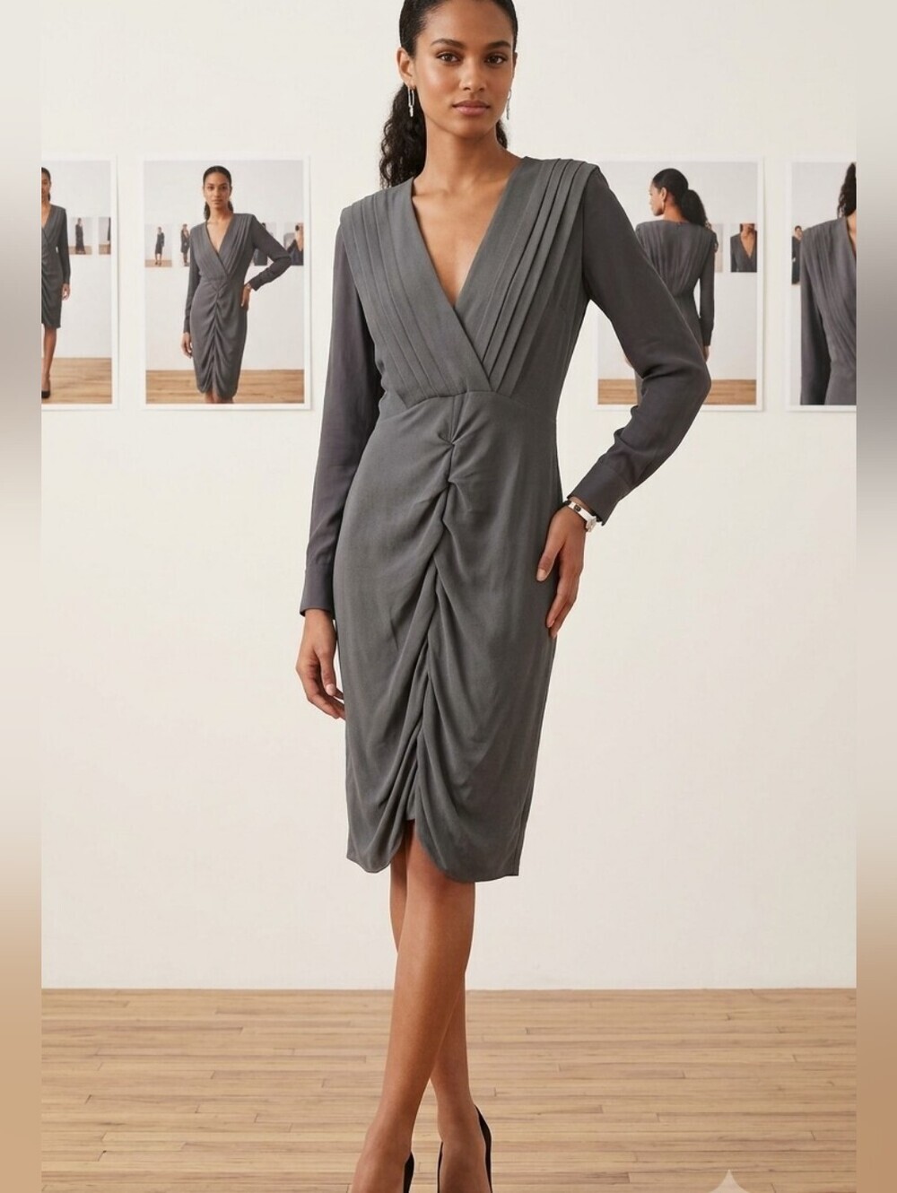 Yigal Azrouël Grey Ruched Long Sleeve Dress - Size 6